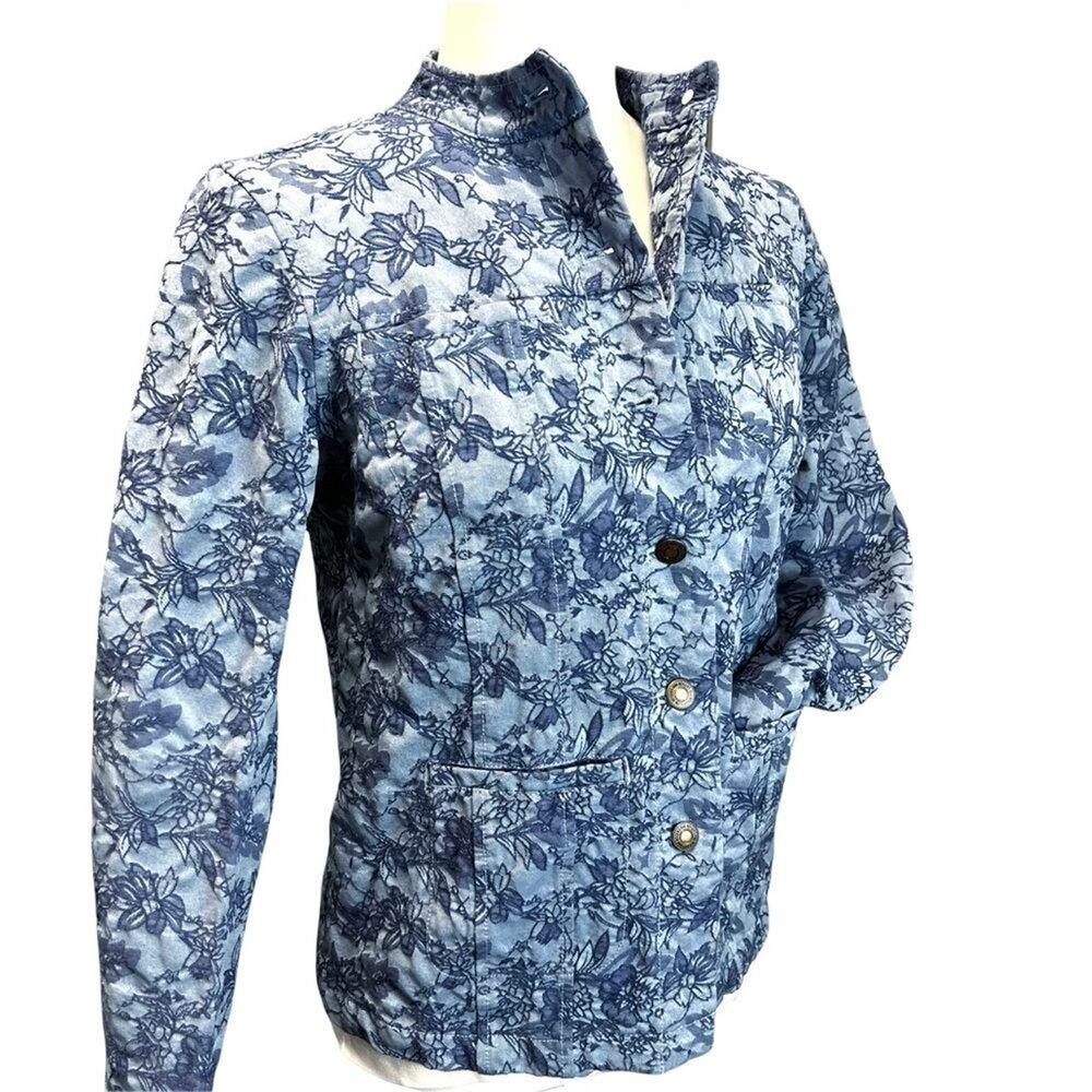 Kim Rogers Blue Floral Quilted Jacquard Button-Front Jacket Sz PM Cotton Blend - Picture 5 of 14